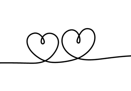 Two hearts. Romantic continuous one line drawing connecting two hearts, love valentine sign, tattoo art minimalist design vector sketch conceptのイラスト素材