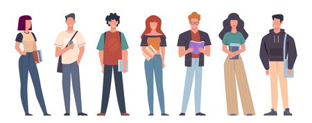 Students. Group of students in casual wear standing with books, backpacks and smartphones, education in college, university vector studying charactersのイラスト素材