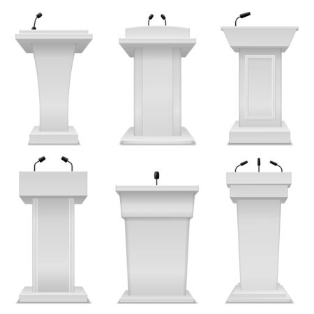 Debate podium. Empty tribune for speaker, election white stand with microphone, public presentation politic pedestal 3d realistic isolated vector setのイラスト素材