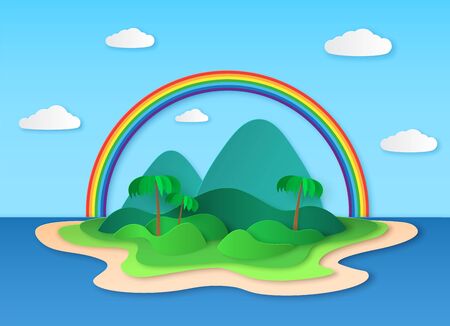 Paper tropic island. Sea tropical scenery with rainbow, beach and palm trees, sun and clouds in origami style. Summer relaxing landscape vector conceptのイラスト素材