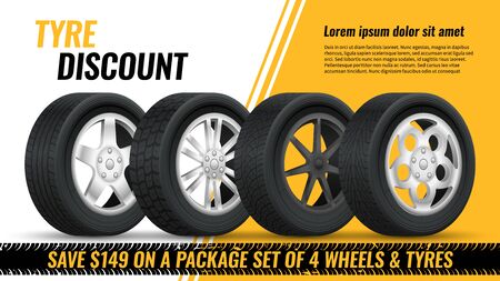 Tires discount. Realistic black rubber tyre with shining disk advertisement flyer, banner, car tire promo poster retail vector modern conceptのイラスト素材
