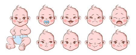 Baby emotions. Cute children emotions laughing and crying, smiling and angry. Baby, newborn portrait face emoji, vector different expression of characters setのイラスト素材