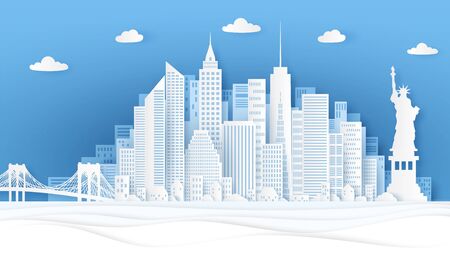 New York paper cut. Panorama famous landmarks of New York city in origami style, travel poster or postcard, greeting card with sky and skyscraper vector backgroundのイラスト素材