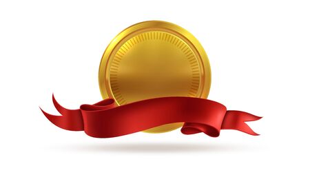 Golden medal. Sticker gold metal badge as blank coin vector symbol of success achievement and first award with red ribbonのイラスト素材