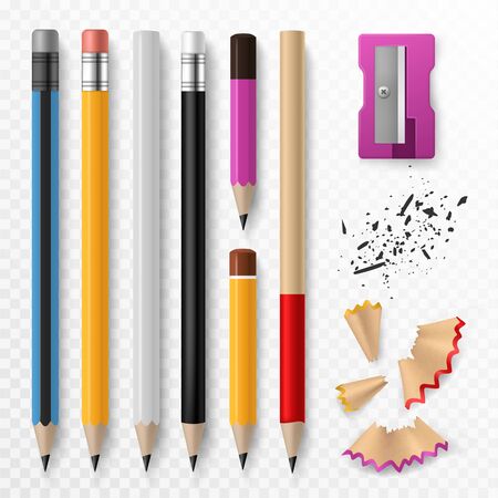 Pencil mockup. Realistic colored wooden graphite pencils with shavings and sharpener, school office stationery, creative design vector bright setのイラスト素材