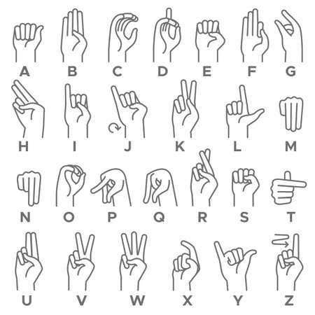 Deaf-mutes hand language. Learning alphabet, nonverbal deaf-mute communication, expressiveness asl gestures line vector alphabetical setのイラスト素材