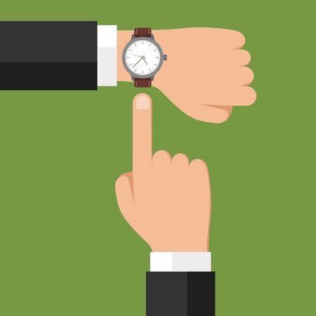 Wristwatch on hand. Businessman showing time on his watch, checking time or symbol of deadline. Minimize work, time is money vector conceptのイラスト素材