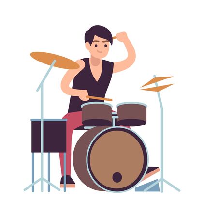 Drummer. Young man playing on drums, vector cartoon rock and pop drumming musician and instrumentのイラスト素材