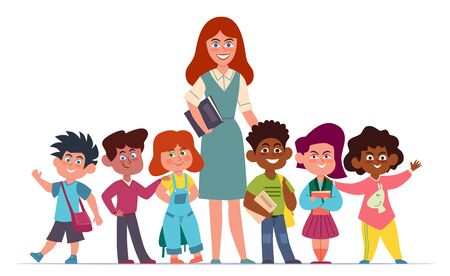 Teacher with children. Happy multiethnic group of girls and boys schoolchildren and woman pedagogue cartoon vector education conceptのイラスト素材