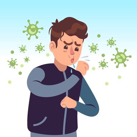 Covid-19. Coughing man surrounded by coronavirus germ. Protect yourself, healthcare prevention medical, self hygiene vector medicine conceptのイラスト素材