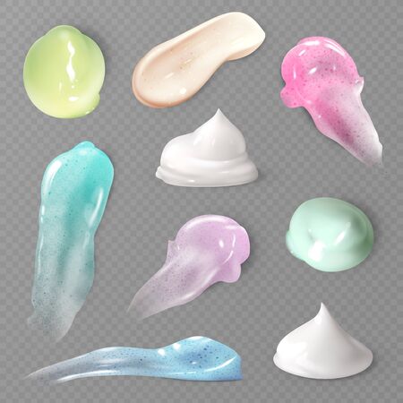 Scrub smears. Realistic cosmetic smears cream and peeling, milk. Lotion, scrub and foundation drop texture, hygiene beauty product vector templateのイラスト素材