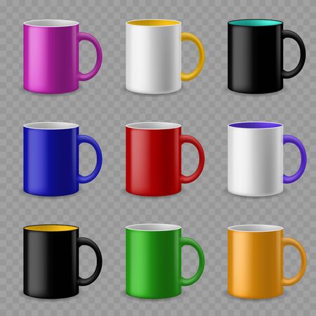 Color cups. Ceramic colorful cup template for different drinks, branding identity design. Pottery mugs vector realistic mockupsのイラスト素材