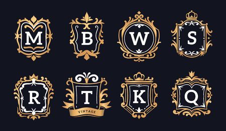 Monogram logos. Luxury calligraphic elegant gold identity ornament for restaurant, hotel brand and jewelry floral boutique vector templateのイラスト素材