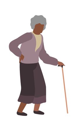 Elderly woman walking. Grandmother character with gray hair standing with cane , isolated vector old female seniorのイラスト素材