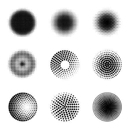 Radial halftone. Different gradient circles, halftone dots graphic digital technology texture, stippling perforated abstract vector radiating elementsのイラスト素材