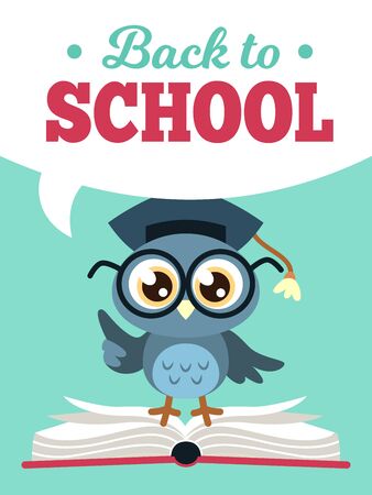 Back to school owl. Wise owl in graduate cap with books, learning education kids colored school card, cartoon vector decorative posterのイラスト素材