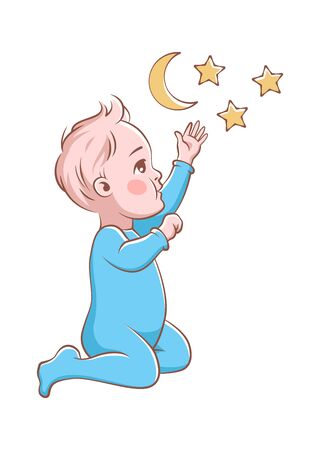 Cute baby boy playing. Happy child in blue diaper plays with stars, vector cartoon simple characterのイラスト素材