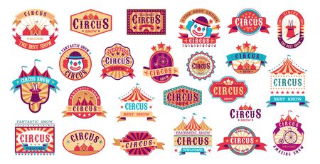 Circus retro labels. Vector carnival event stickers for invitation, vintage show framing shapes and elementsのイラスト素材