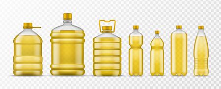 Vegetable oil bottle. Different packaging plastic bottles with yellow organic oil, natural liquid ingredient healthy food, realistic vector mockupsのイラスト素材