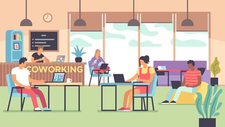 Coworking. People talking and working at computers in open space office, multinational employees, workers together flat vector freelance conceptのイラスト素材