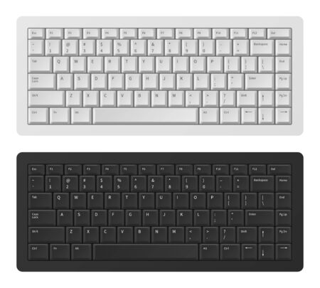 Laptop keyboard. White and black keyboard for pc, qwerty modern keypad english alphabet, button keyboards realistic vector device templateのイラスト素材