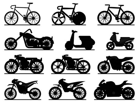 Motorbike black silhouette set. Motorcycles and scooters, bikes and choppers. Speed race and delivery retro and modern vehicles travel and sport flat vector motor transport detail pictogram collectionのイラスト素材