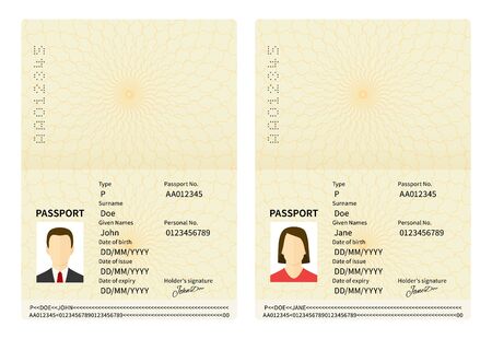 Male and female open passports. Vector identity document. Id with person photo and text. Personal information and pictures of man and woman in flat styleのイラスト素材