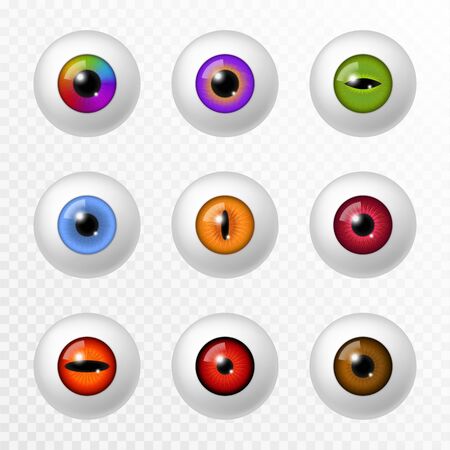 Human and animal eye. Different realistic color eyeball and lenses, various round iris retina and pupils. Optical lens, ophthalmology 3d vector isolated setのイラスト素材