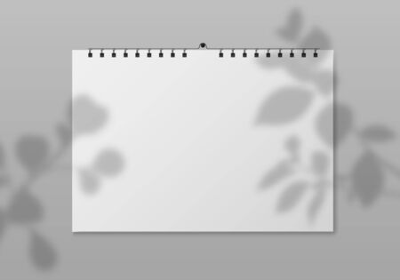 Blank wall calendar. Empty square planner front view with white paper pages and plant shadow. Date event, month diary, calendar template. vector mockupのイラスト素材