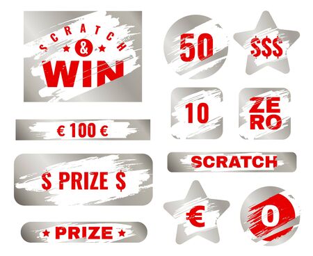 Scratch card. Scratches with brush effect suitable for instant prize game. Lottery silver win ticket, gambling coupon vector metallic texture collectionのイラスト素材