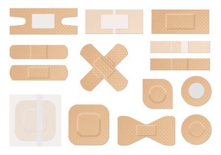 Medical plaster. Realistic water resistant perforated medical plasters, first aid plastic adhesive tape round rectangular forms, protaction and care vector setのイラスト素材