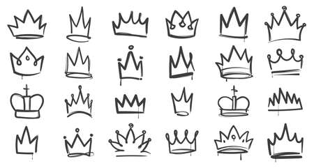 Sketch crown. Simple elegant queen or king, princess or prince crowns. Monarch majestic jewel tiara, beautiful diadem, royal imperial coronation symbols. Vector isolated iconsのイラスト素材