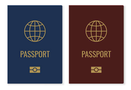 Passport covers with map. Realistic red and blue international identification document, citizen official ID with golden globe. Vector isolated on white elementsのイラスト素材