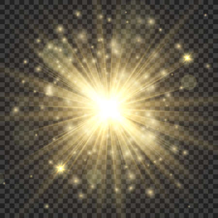 Gold glowing star. Abstract stylish bright light effect, golden shiny luminous dust and glares, blurring starlight, magic sparkle. Vector illustration isolated on transparent backgroundのイラスト素材
