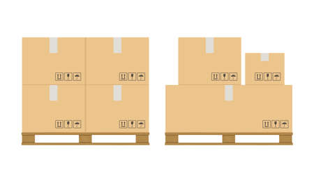 Boxes pallet. Beige cardboard closed box stack with fragile sign on wooden pallets, packaging cargo storage, industry shipment, shipping goods vector isolated setのイラスト素材