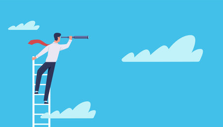 Business vision. Cartoon businessman stands on ladder in clouds with telescope, leadership, ambition and success symbol, new idea and career vector conceptのイラスト素材