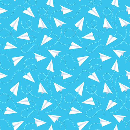 Paper plane seamless pattern. White handmade flying airplanes and dotted line tracks, blue background. Creative design textile, wrapping, wallpaper vector textureのイラスト素材