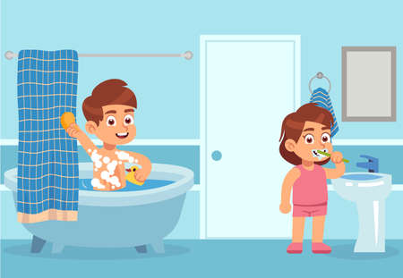 Cartoon bath. Children take water treatments. Boy washes with shampoo foam, girl is brushing teeth with toothpaste in interior of bathroom. Body care and hygiene concept. Flat vector illustrationのイラスト素材