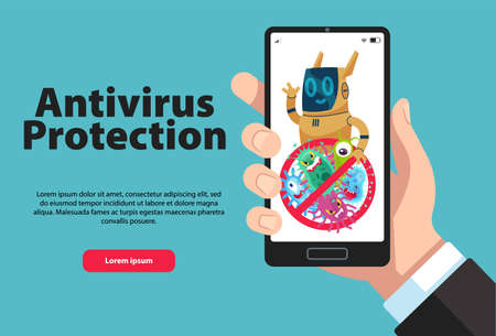 Online personal phone data protection. Firewall or antivirus software for phone data safety. Hand holding smartphone. Computer viruses and warning sign on gadget screen. Flat vector illustrationのイラスト素材