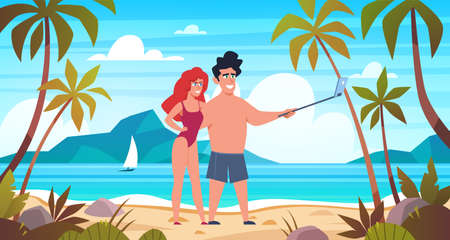 Sea landscape. Paradise island panorama with palm tree, mountains and ocean, exotic resort summer vacation. Couple man and woman take selfie on seaside background. Flat vector cartoon illustrationのイラスト素材