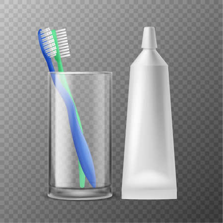 Toothbrush in glass. Dental morning hygiene, realistic toothbrushes with tube paste, toiletries for protection health teeth fresh breath, dentistry accessory, vector isolated illustrationのイラスト素材