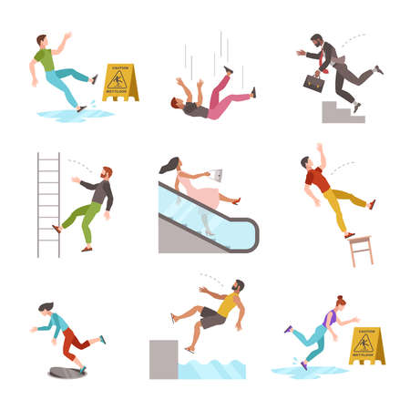 Falling people. Fall down stairs, slipping wet staircase, stumbling man injured, dangerous dropping from chair, accident vector flat cartoon charactersのイラスト素材