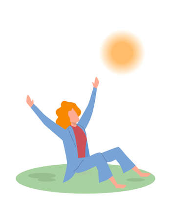 Girl is happy. Young girl or teen enjoys life, good mood, woman sitting on grass in park and looking on sun, positive thinking, cartoon flat vector characterのイラスト素材