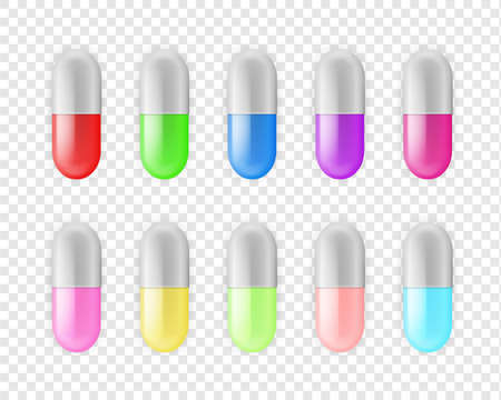 Pills collection with different colors. Realistic drugs or vitamins set, multicolored tablet or capsule medicine and pharmaceutical vector design elements isolated on transparent backgroundのイラスト素材