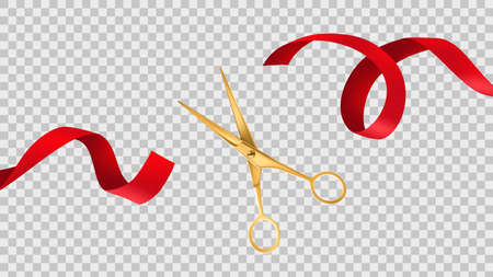Gold scissors cut red ribbon. Grand opening ceremony, ceremonial celebration, big official open, new beginning and startup, realistic colorful vector illustration isolated on transparent backgroundのイラスト素材