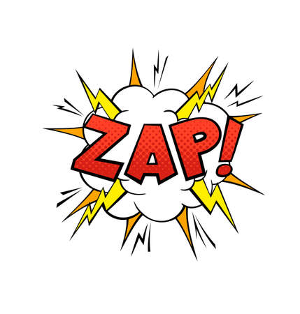Comics balloon Zap text. Cartoon speech bubble, red yellow and orange colors. Retro sound speech effect halftone dot background.のイラスト素材