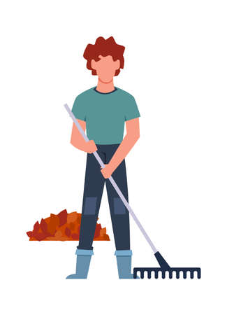 Gardener performs seasonal work. Male young character collects fallen leaves in bunch with rake, autumn farm garden work, cartoon flat isolated characterのイラスト素材
