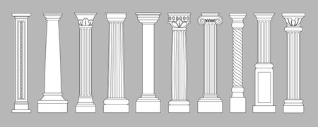 Ancient pillars. Classic historical roman column, antique architecture Greece different classic...