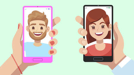 Smartphone with virtual relationship app. Hands holding mobile phone with man and woman profile, male and female face on device screen, online message and chatting, flat cartoon illustrationのイラスト素材