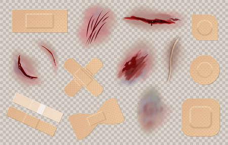 Wounds plaster. Medical patch for surgical stitch, scar, laceration, abrasion and damage skin, plastic tape first aid and healthcare, realistic vector set isolated on transparent backgroundのイラスト素材